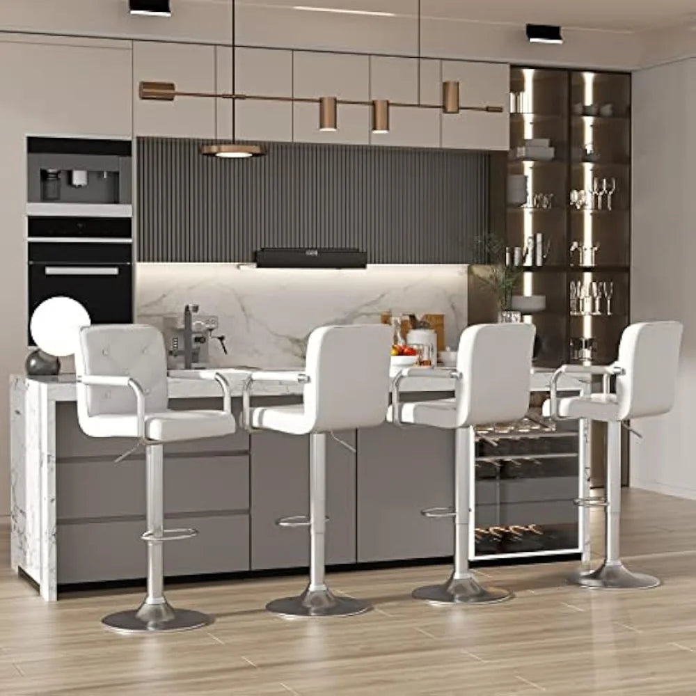White Leather Swivel Adjustable Bar Stool Set