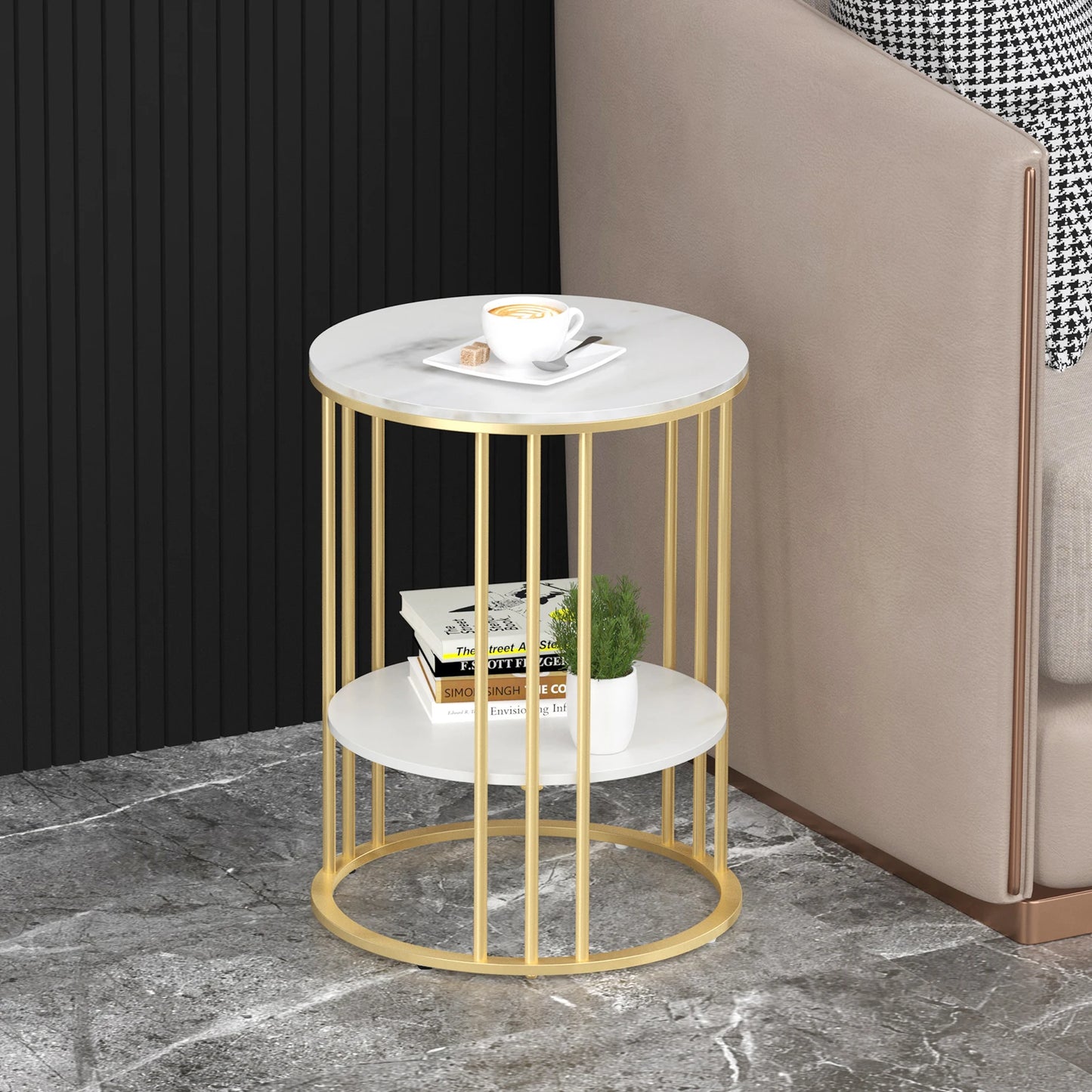 Gold Metal Frame Round Marble Accent Table