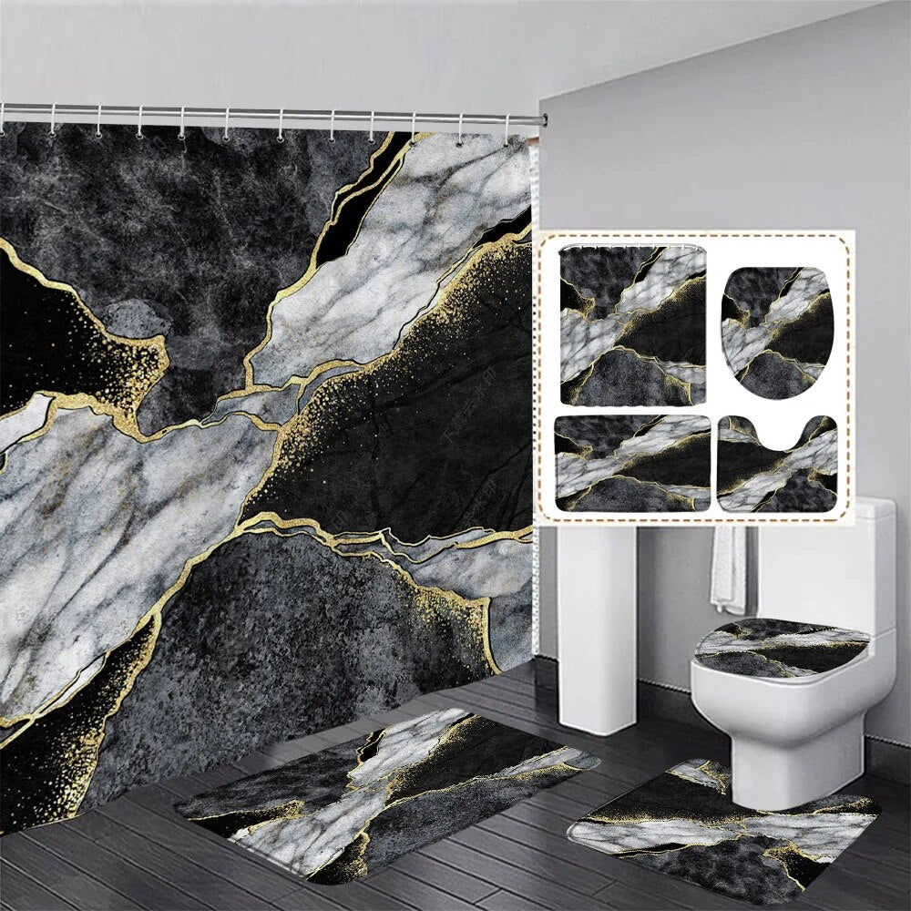Black, Grey and Gold Abstract Marble Shower Curtain Set