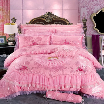 Red Pink Lace Princess Jacquard Embroidery Bed Set