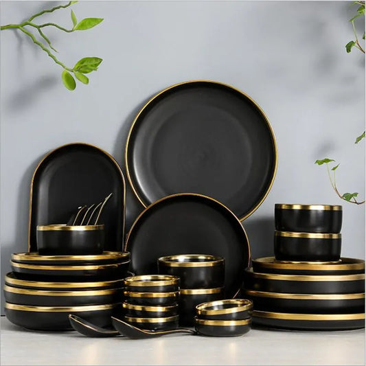 Black Porcelain Dinner Plates and Bowl Set