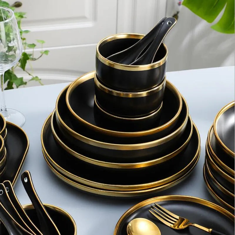 Black Porcelain Dinner Plates and Bowl Set