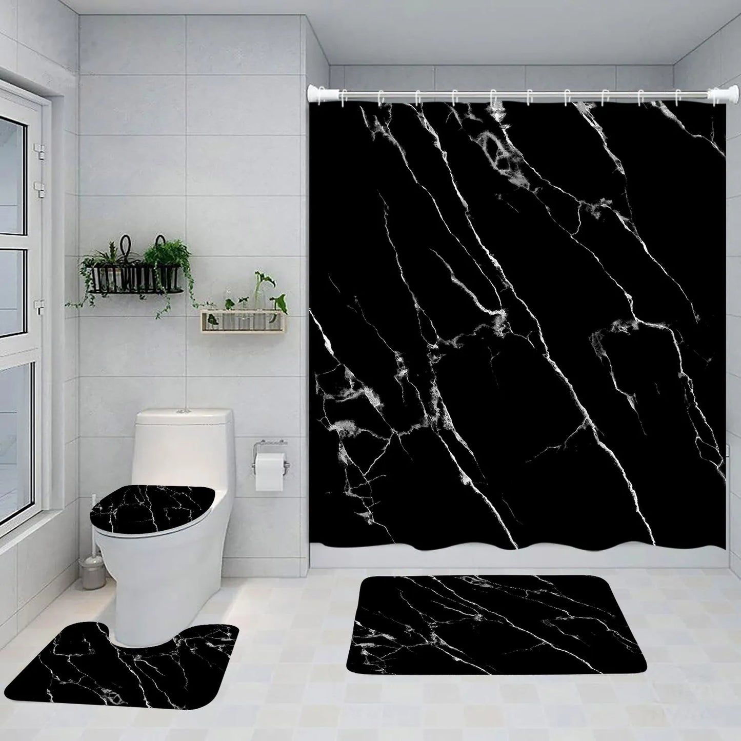 Black, Grey and Gold Abstract Marble Shower Curtain Set