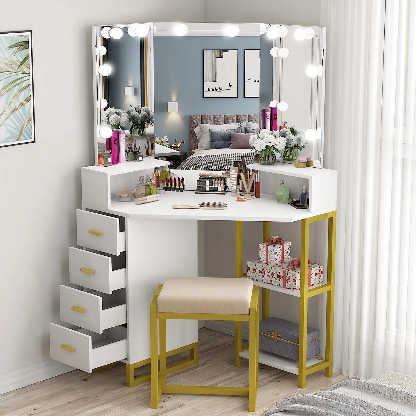 Vanity Set LED Mirror Makeup Dressing Table w/ Stool