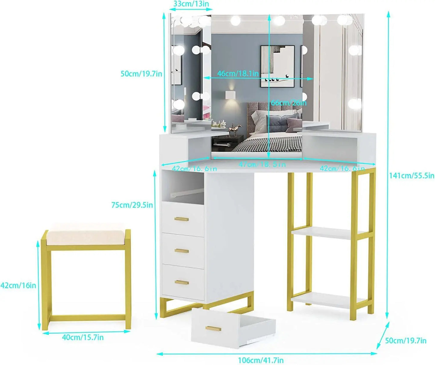 Vanity Set LED Mirror Makeup Dressing Table w/ Stool