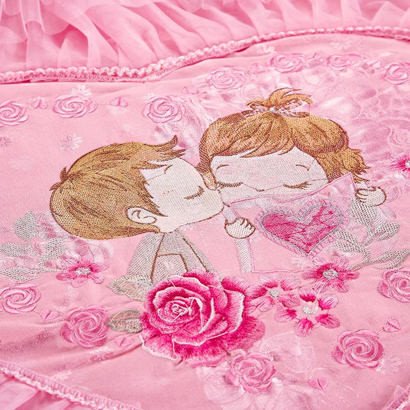 Red Pink Lace Princess Jacquard Embroidery Bed Set