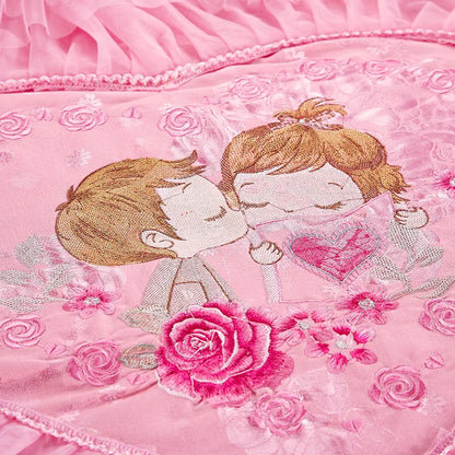 Red Pink Lace Princess Jacquard Embroidery Bed Set