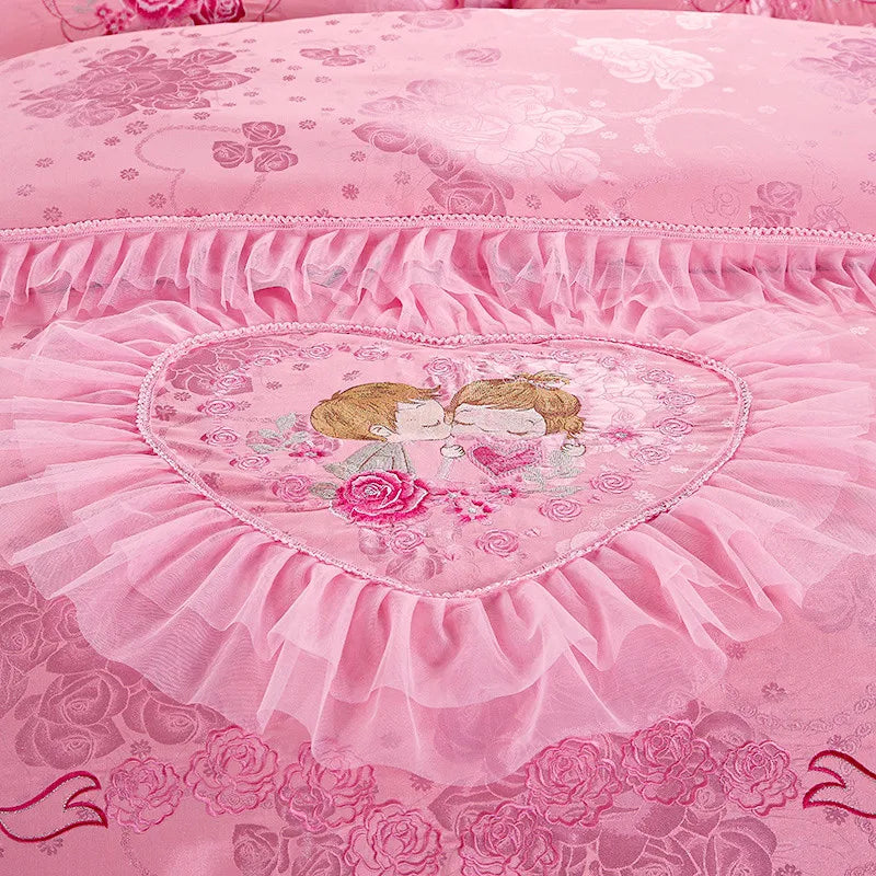 Red Pink Lace Princess Jacquard Embroidery Bed Set