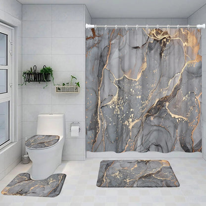 Black, Grey and Gold Abstract Marble Shower Curtain Set