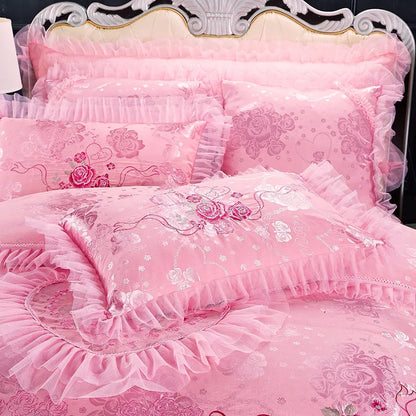 Red Pink Lace Princess Jacquard Embroidery Bed Set