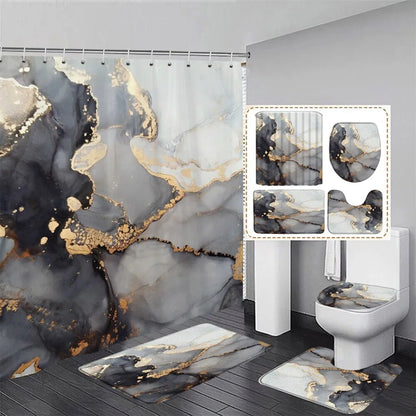 Black, Grey and Gold Abstract Marble Shower Curtain Set