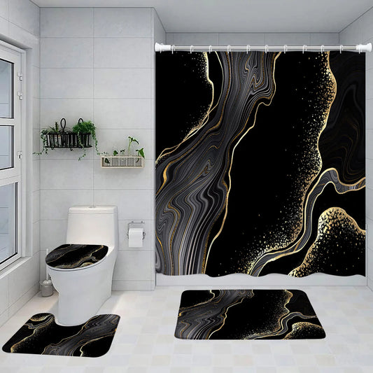 Black, Grey and Gold Abstract Marble Shower Curtain Set