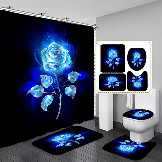 Blue Golden Rose Waterproof Shower Curtain Set