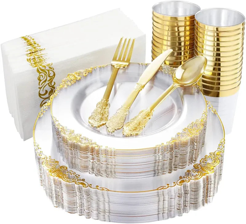 Disposable Golden Plastic Tray Set 175 Pcs